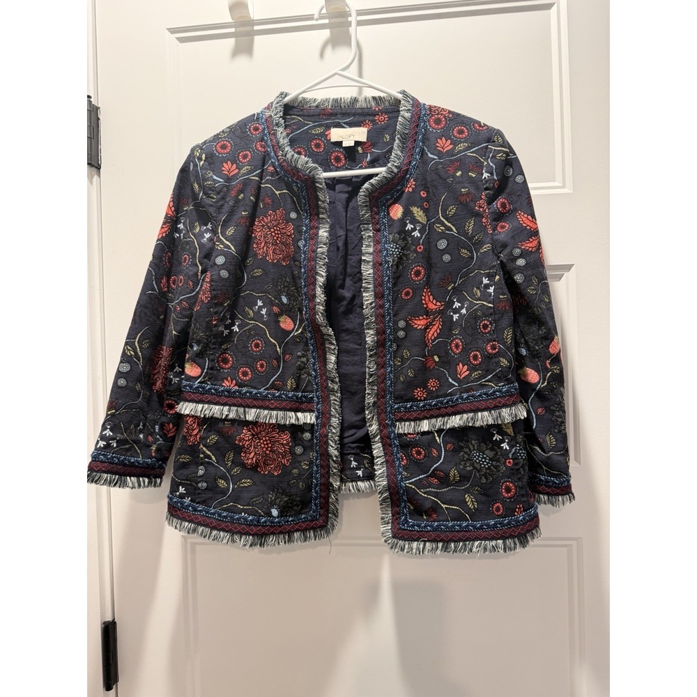 Loft Size 4 Embroidered Fringe‎ Jacket Boho Western Floral Crop Navy